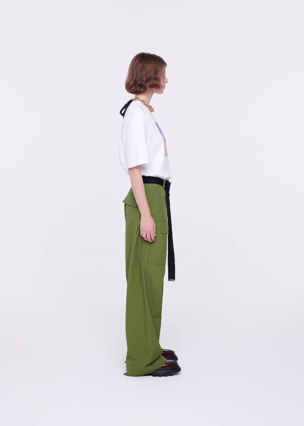 Plan C PANTALONI CARGO VERDE MILITARE CON CINTURA Promozione