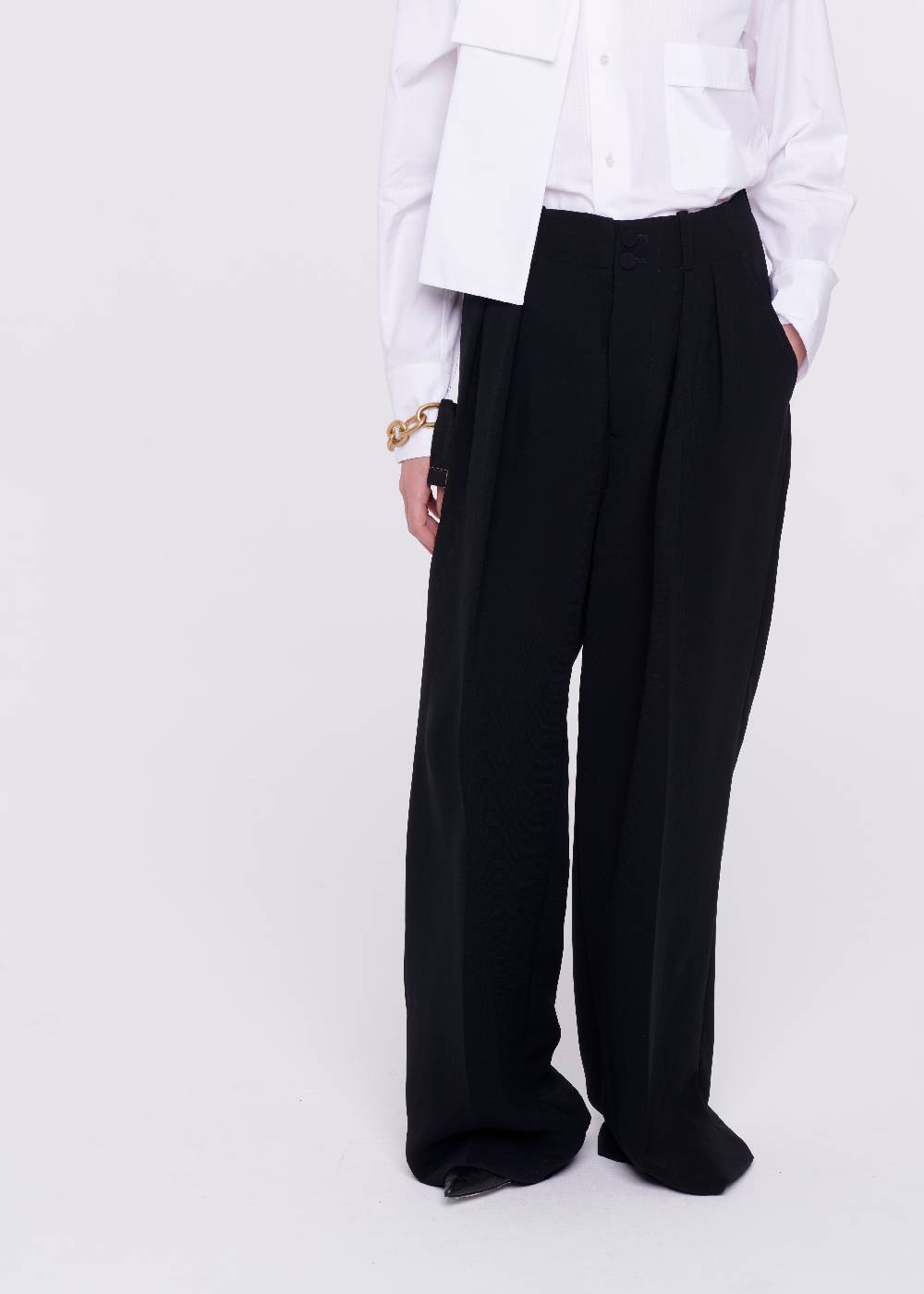 Plan C PANTALONI NERI A GAMBA AMPIA IN CADY Offerte