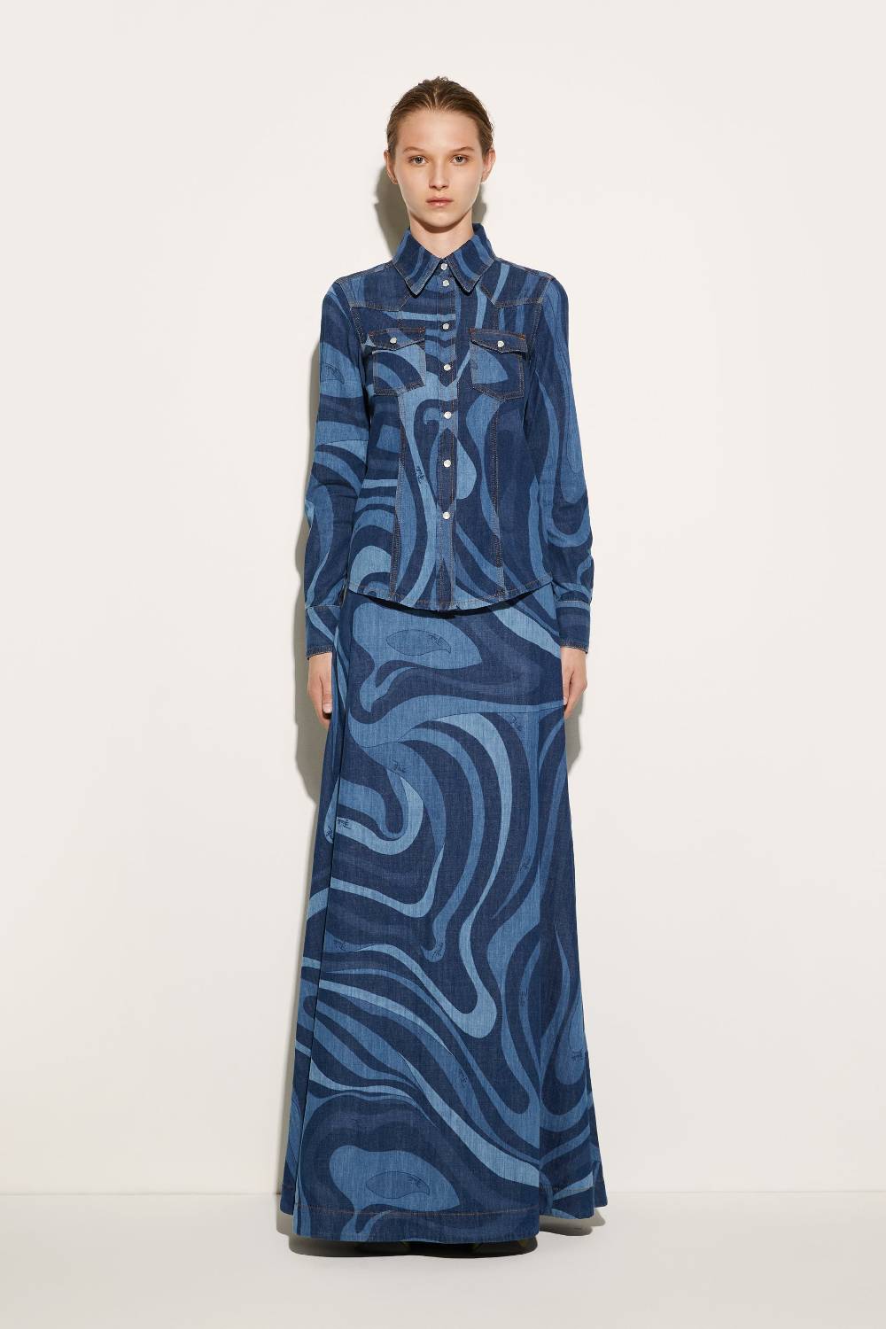 Pucci Camicia in denim con stampa Marmo Fino al 65% di sconto