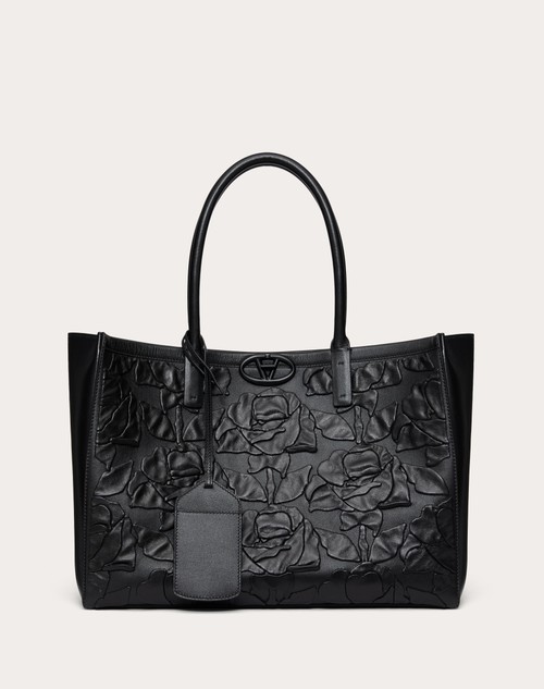 Red Valentino BORSA SHOPPING MEDIA VLOGO LOCKER TOTE IN PELLE CON ROSE RICAMATE