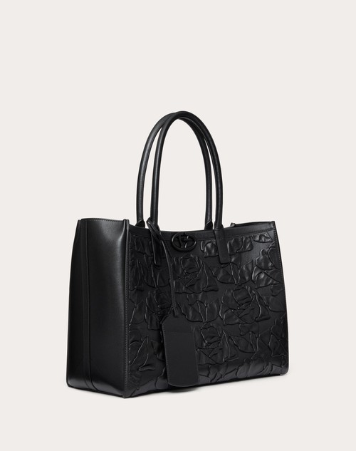 Red Valentino BORSA SHOPPING MEDIA VLOGO LOCKER TOTE IN PELLE CON ROSE RICAMATE Presa