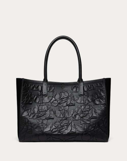 Red Valentino BORSA SHOPPING MEDIA VLOGO LOCKER TOTE IN PELLE CON ROSE RICAMATE Presa