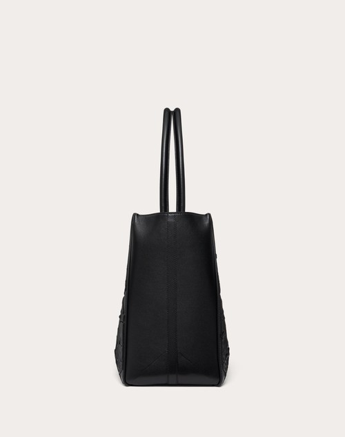 Red Valentino BORSA SHOPPING MEDIA VLOGO LOCKER TOTE IN PELLE CON ROSE RICAMATE Presa