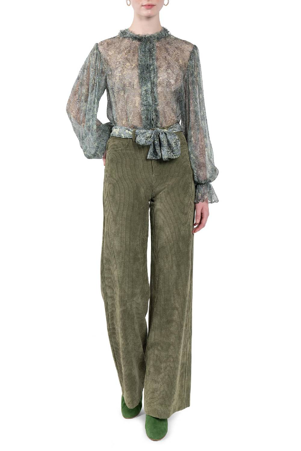 Luisa Beccaria Pantaloni palazzo in velluto a coste verde Promozione Limitata