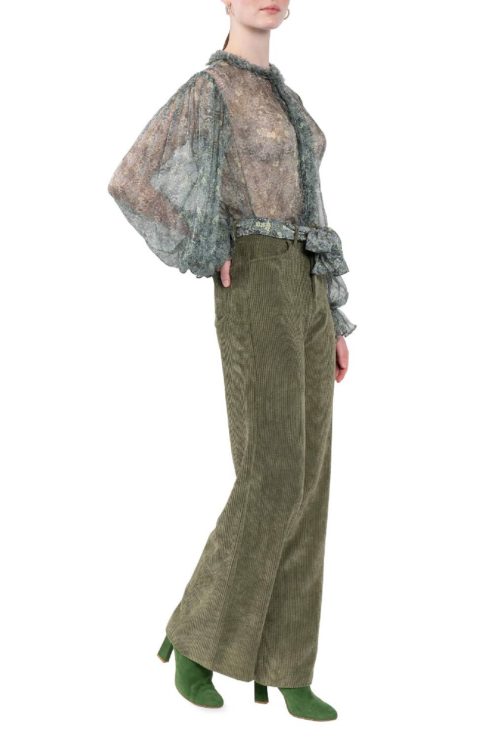 Luisa Beccaria Pantaloni palazzo in velluto a coste verde Promozione Limitata