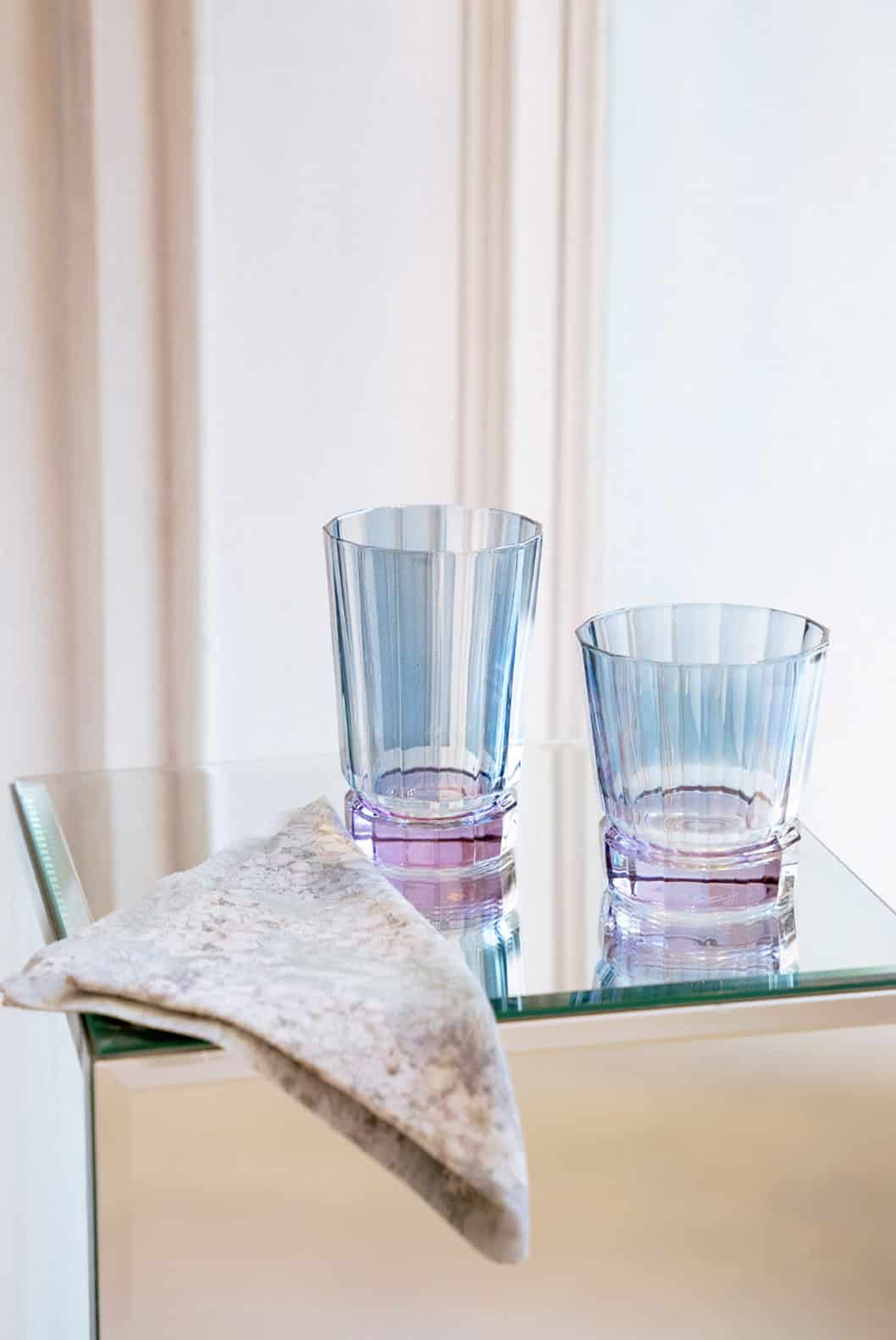Luisa Beccaria Set di due bicchieri Duccio piccoli a righe blu con base viola Saldi