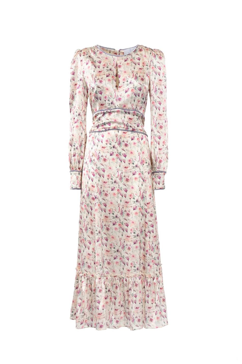 Luisa Beccaria Abito in raso stampato crema con rose selvatiche