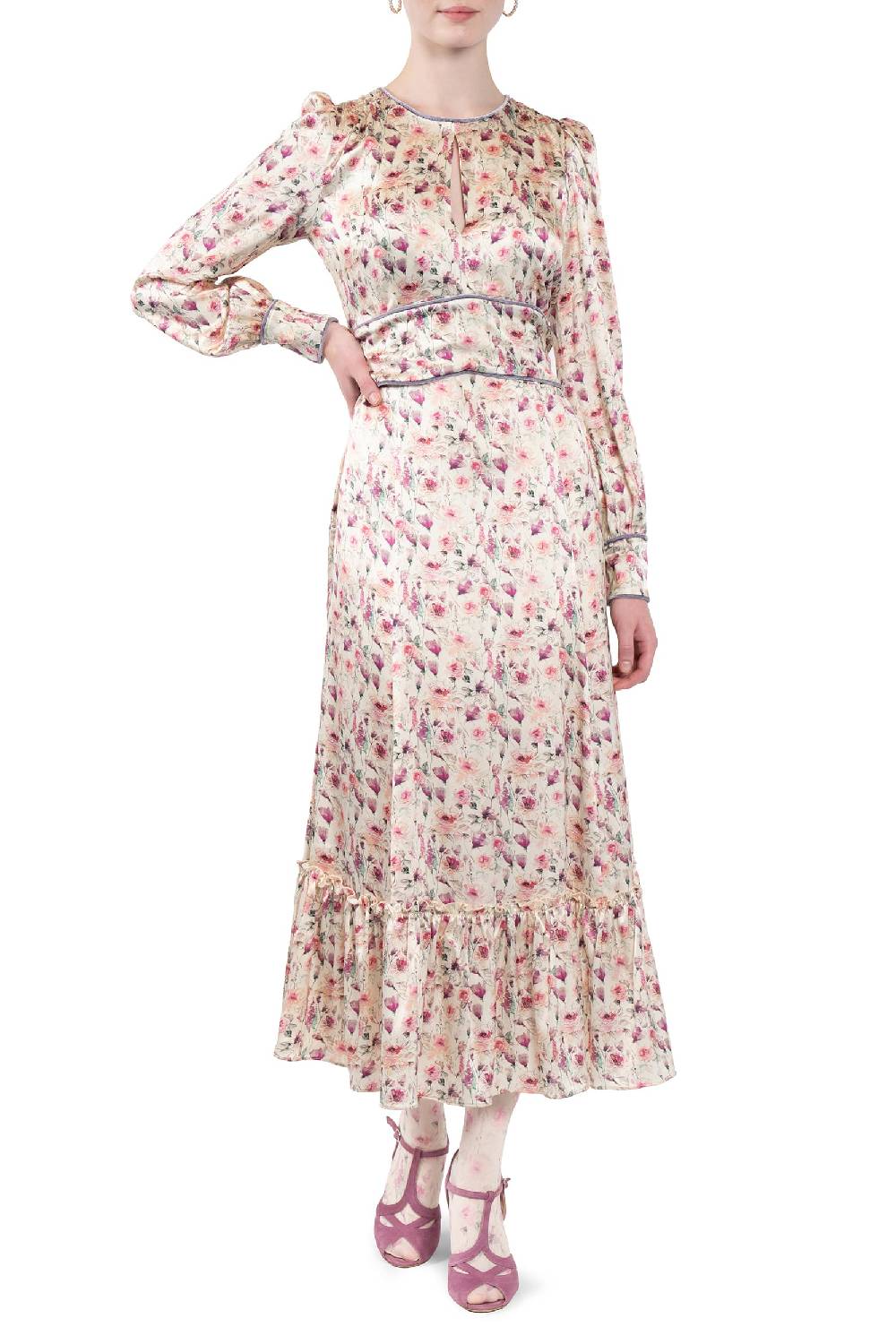Luisa Beccaria Abito in raso stampato crema con rose selvatiche Spedizione Gratuita