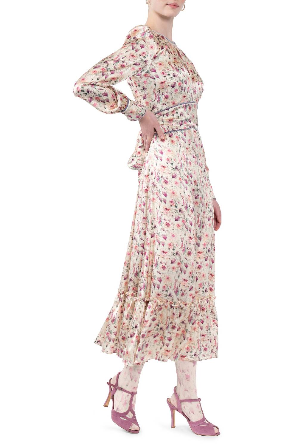 Luisa Beccaria Abito in raso stampato crema con rose selvatiche Spedizione Gratuita