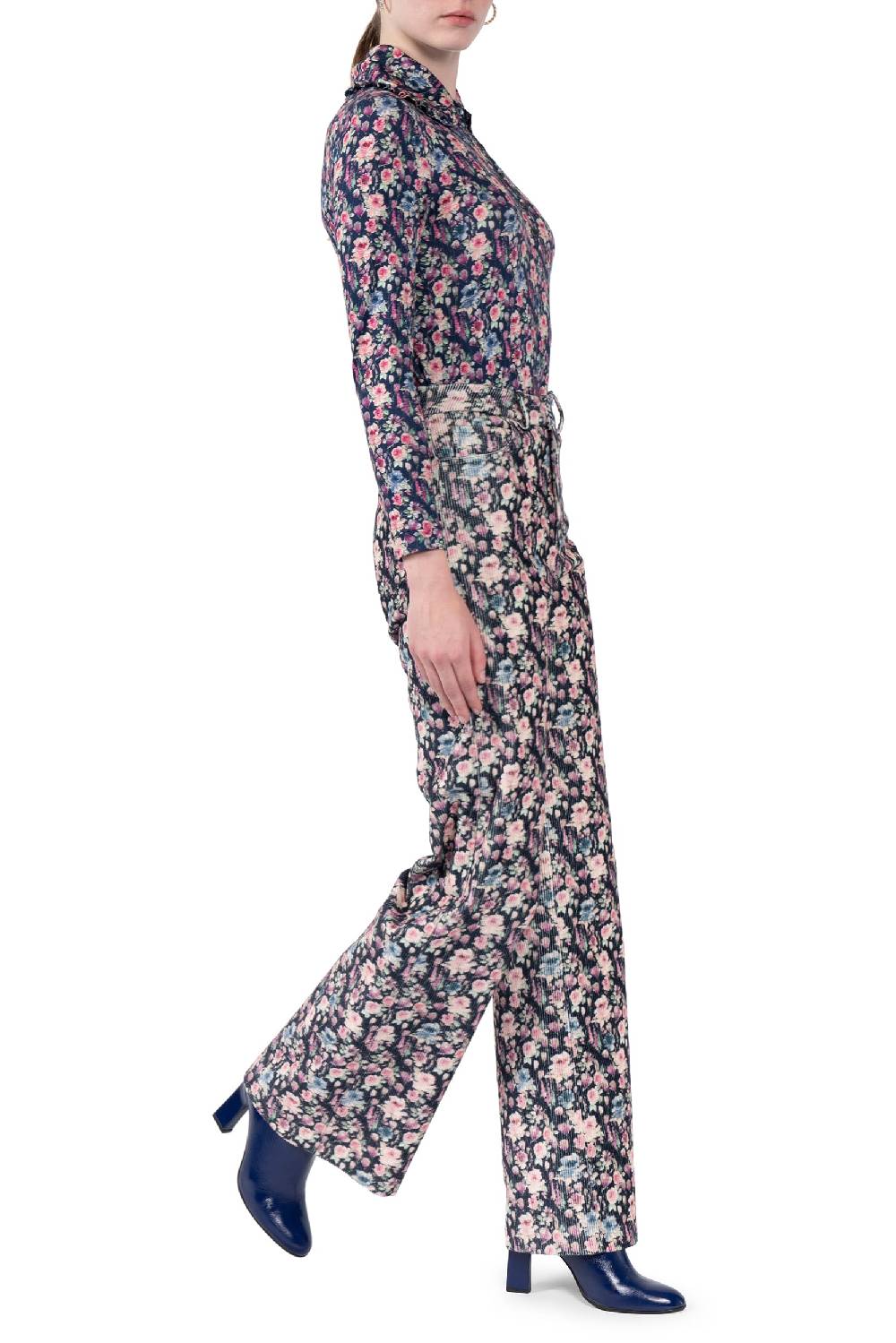 Luisa Beccaria Pantaloni palazzo in velluto a coste stampato Vendita Economica