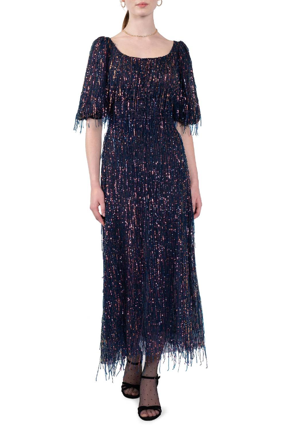 Luisa Beccaria Abito in paillettes con scollatura ampia e frange Negozi Online