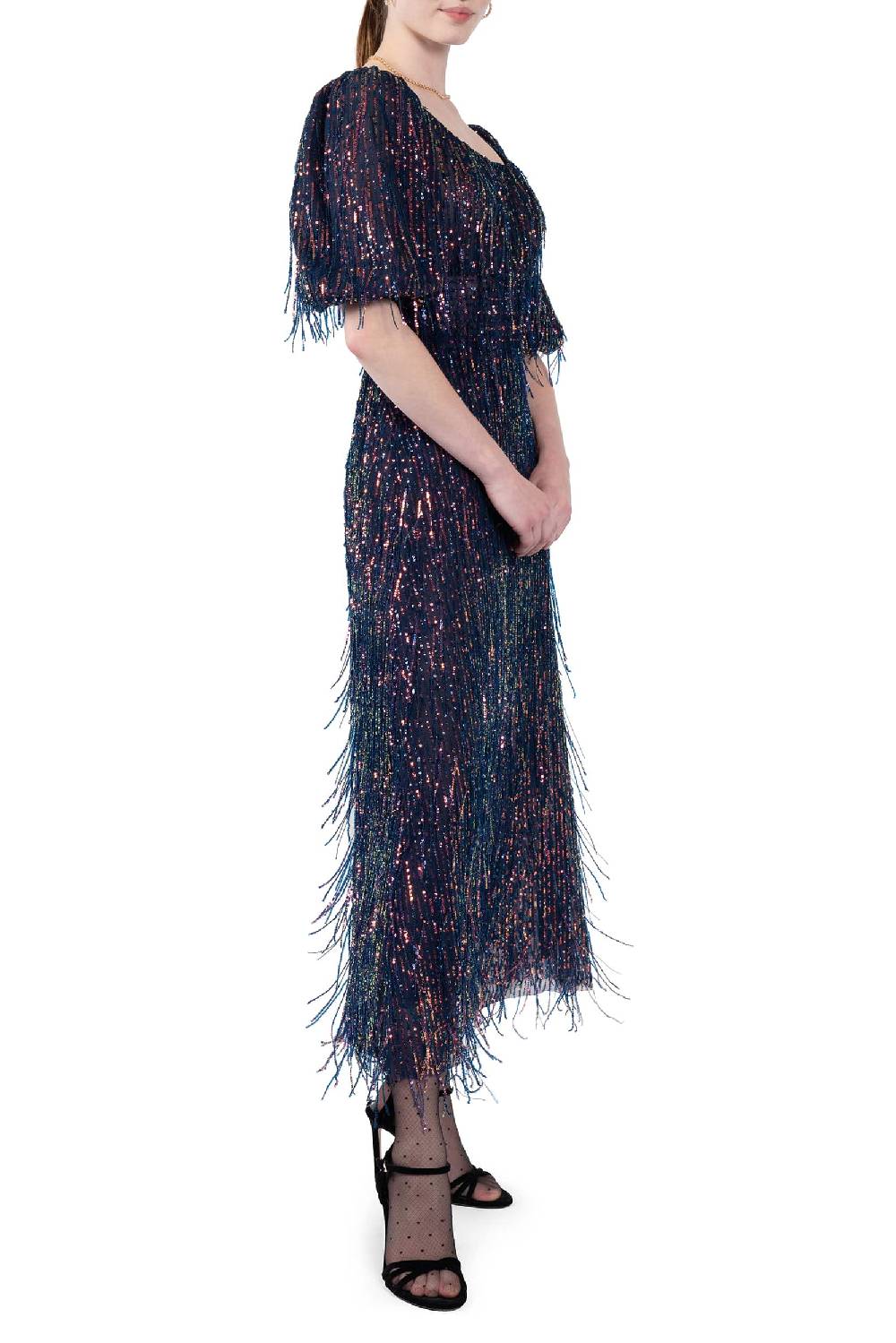 Luisa Beccaria Abito in paillettes con scollatura ampia e frange Negozi Online