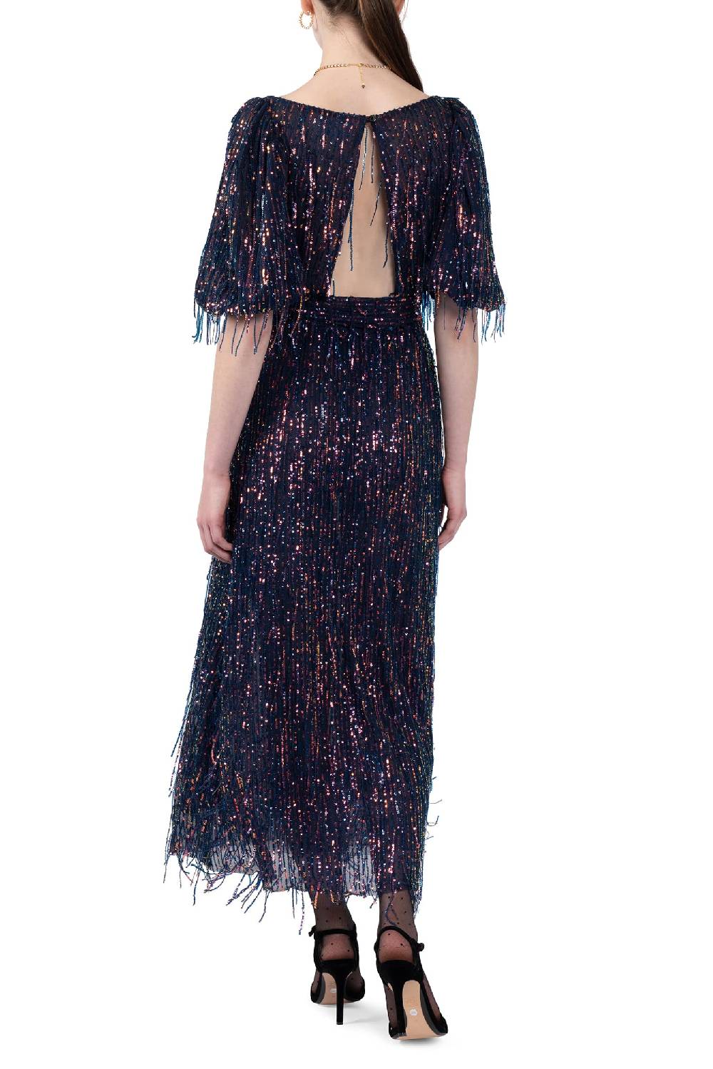 Luisa Beccaria Abito in paillettes con scollatura ampia e frange Negozi Online