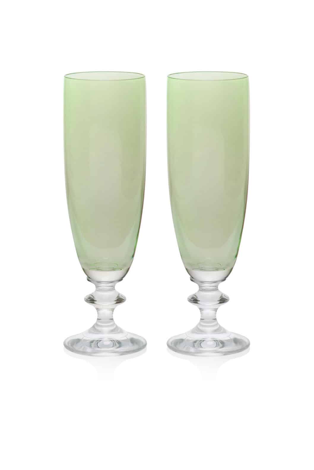 Luisa Beccaria Set Verde Di Due Bicchieri Flauto Roseo Nuovo