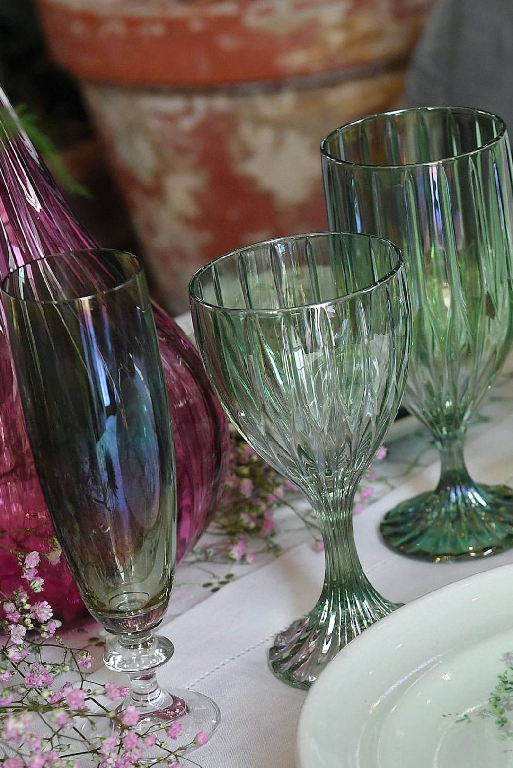 Luisa Beccaria Set Verde Di Due Bicchieri Flauto Roseo Nuovo
