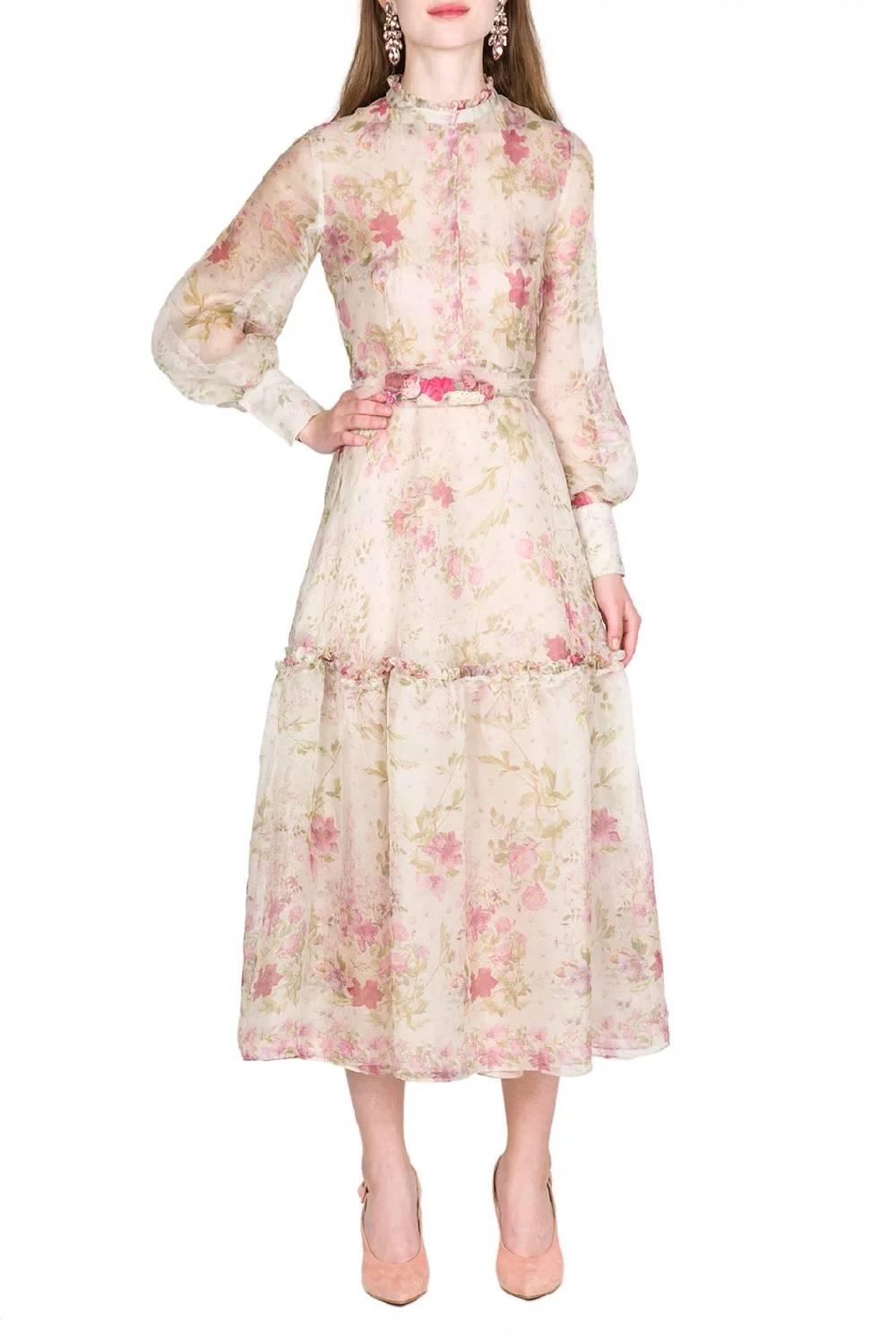 Luisa Beccaria Abito in organza di seta stampata color crema Vendita Calda