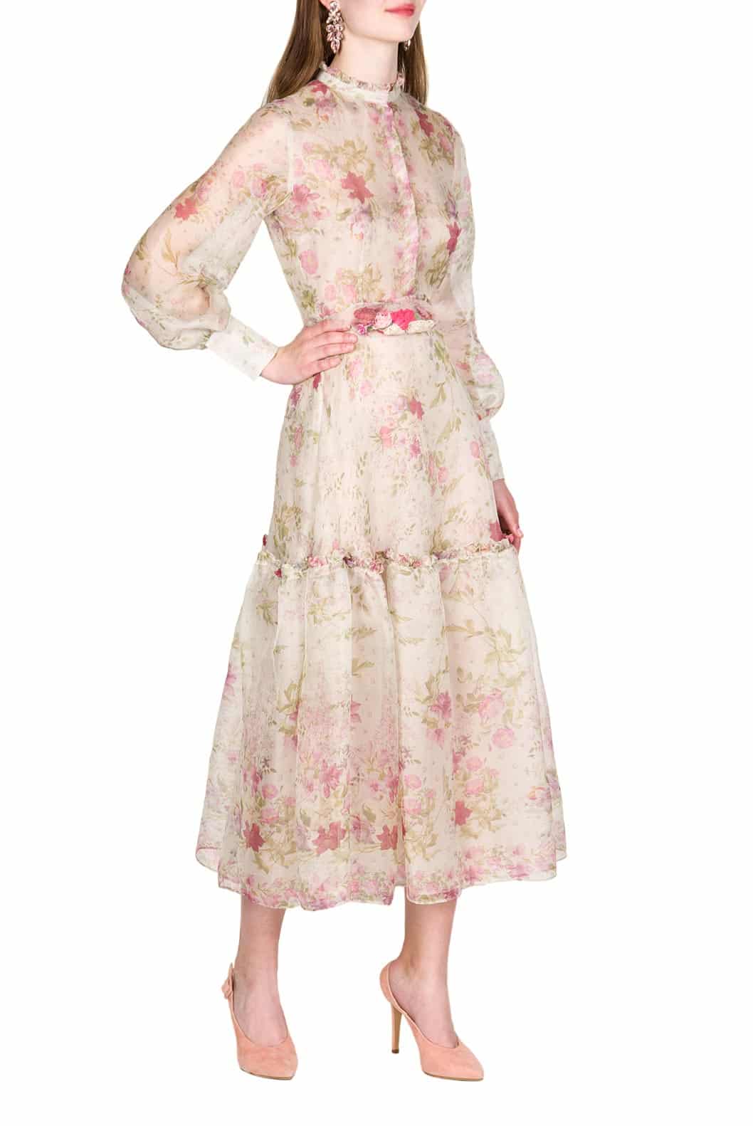 Luisa Beccaria Abito in organza di seta stampata color crema Vendita Calda