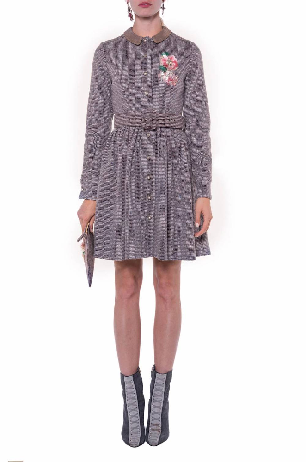 Luisa Beccaria Abito A Maniche Lunghe In Tweed Con Ricamo Soddisfazione Garantita