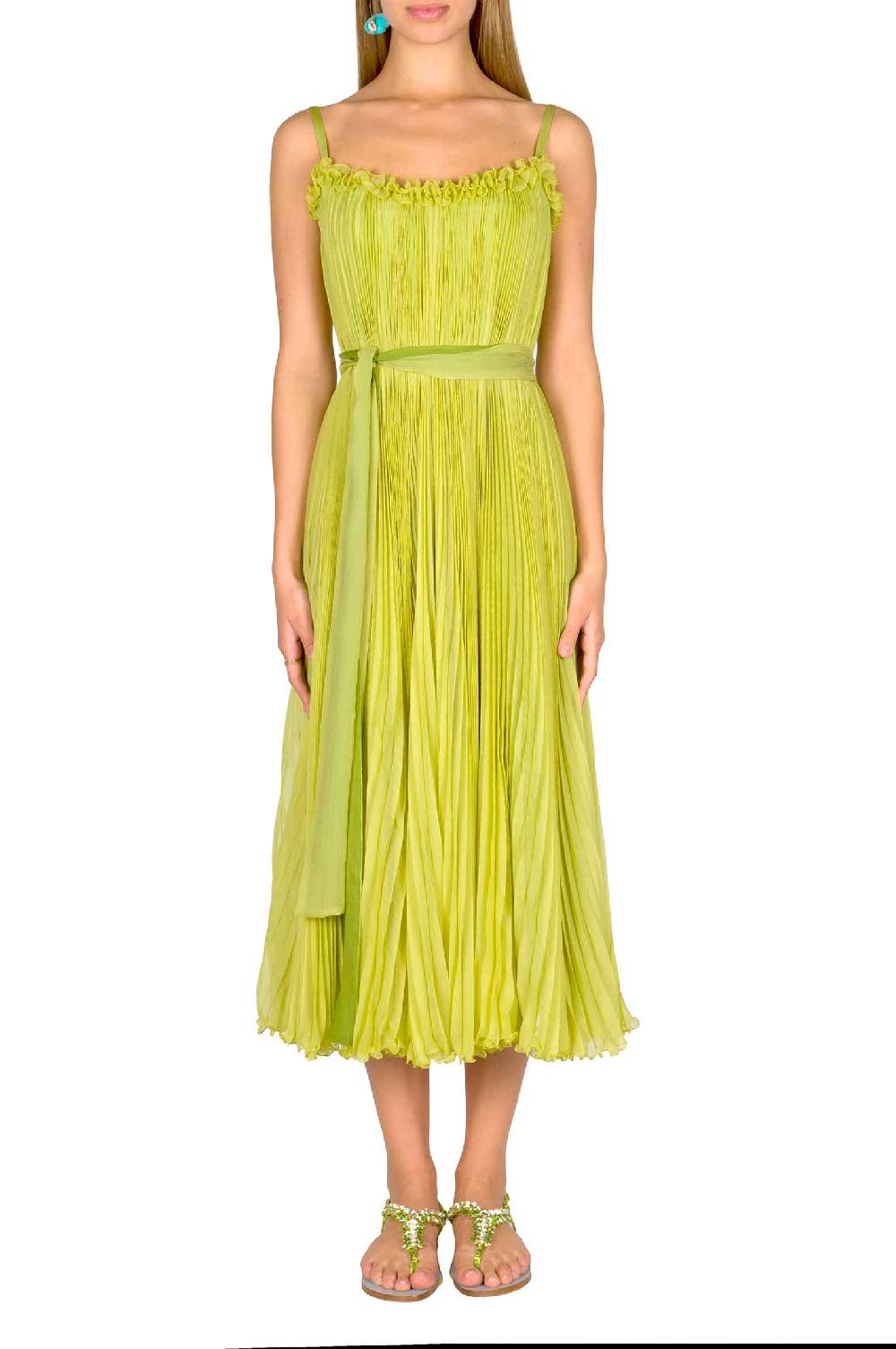 Luisa Beccaria Abito plissettato verde lime con fascia Economico