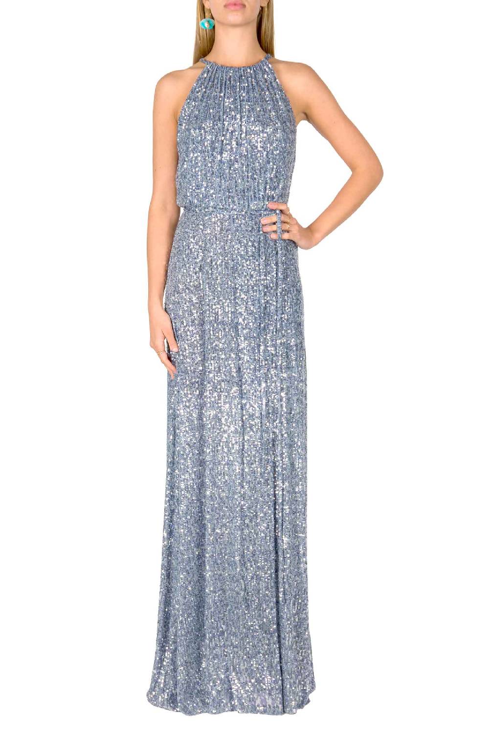 Luisa Beccaria Abito blu con paillettes a fessura alta Saldi