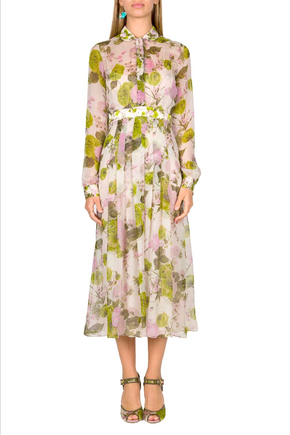 Luisa Beccaria Abito midi in chiffon stampato con rose in fiore Vendite Flash
