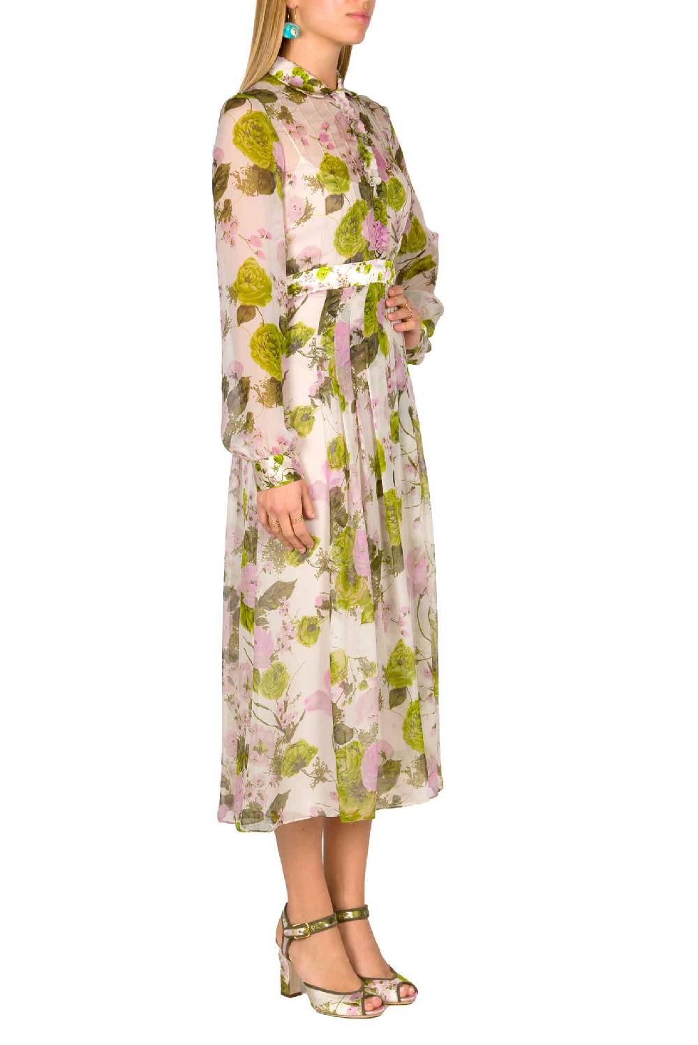 Luisa Beccaria Abito midi in chiffon stampato con rose in fiore Vendite Flash