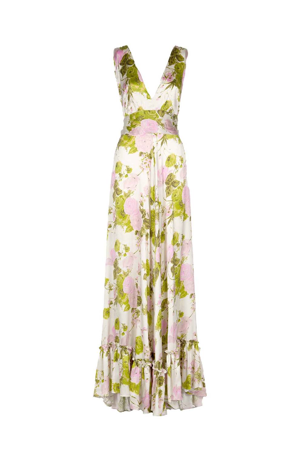 Luisa Beccaria Abito Lungo In Seta Blooming Roses Con Scollo A V