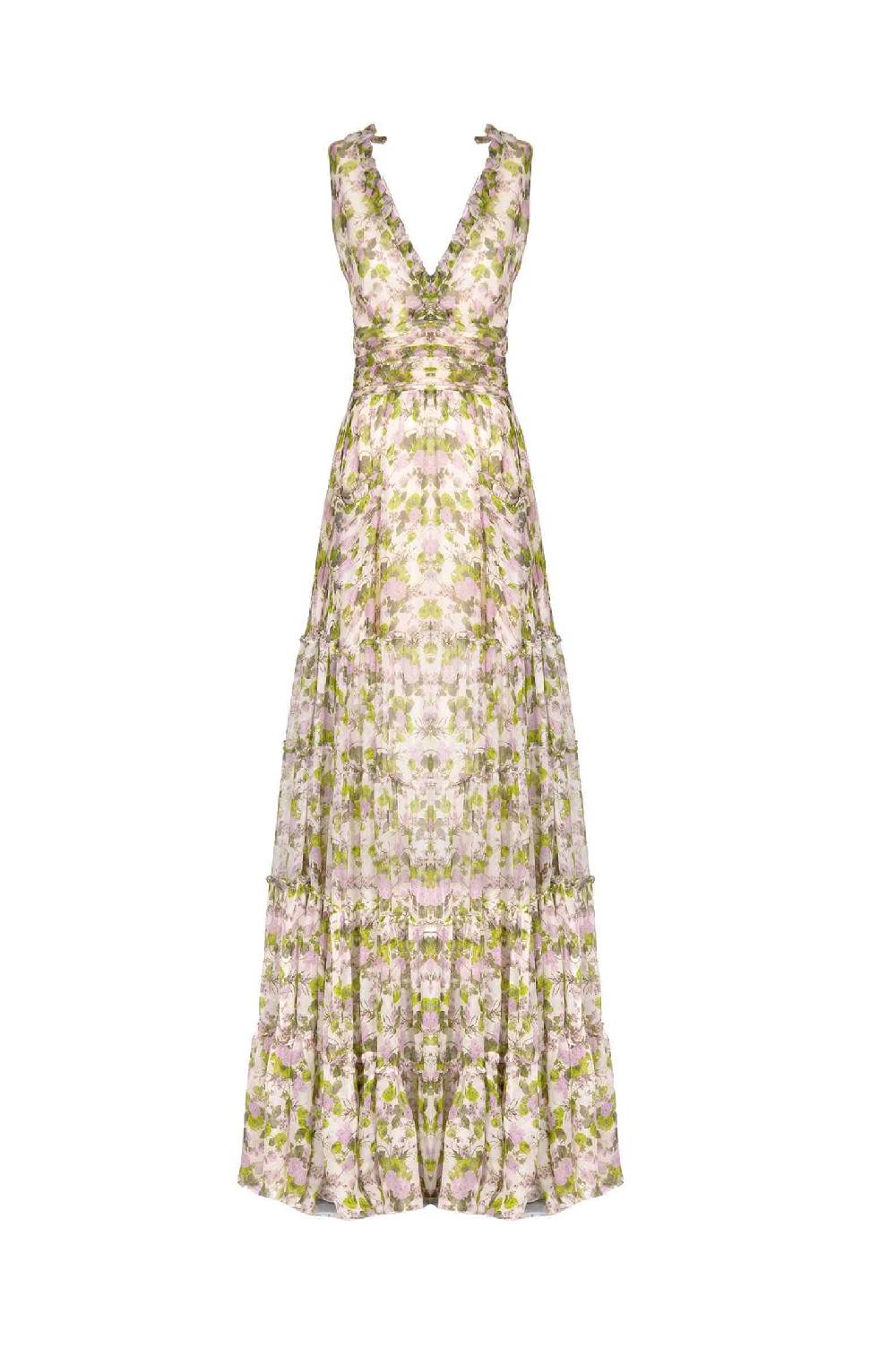 Luisa Beccaria Abito lungo in chiffon increspato con rose in fiore