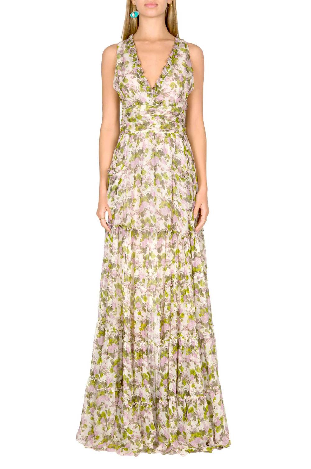 Luisa Beccaria Abito lungo in chiffon increspato con rose in fiore Online