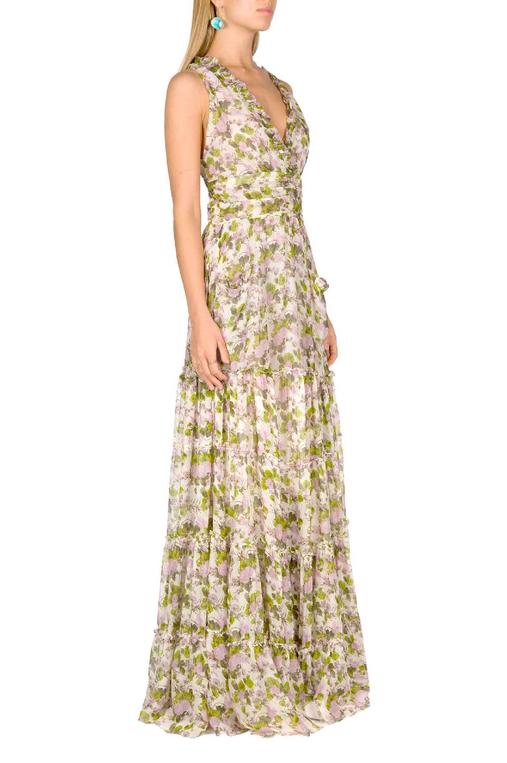 Luisa Beccaria Abito lungo in chiffon increspato con rose in fiore Online