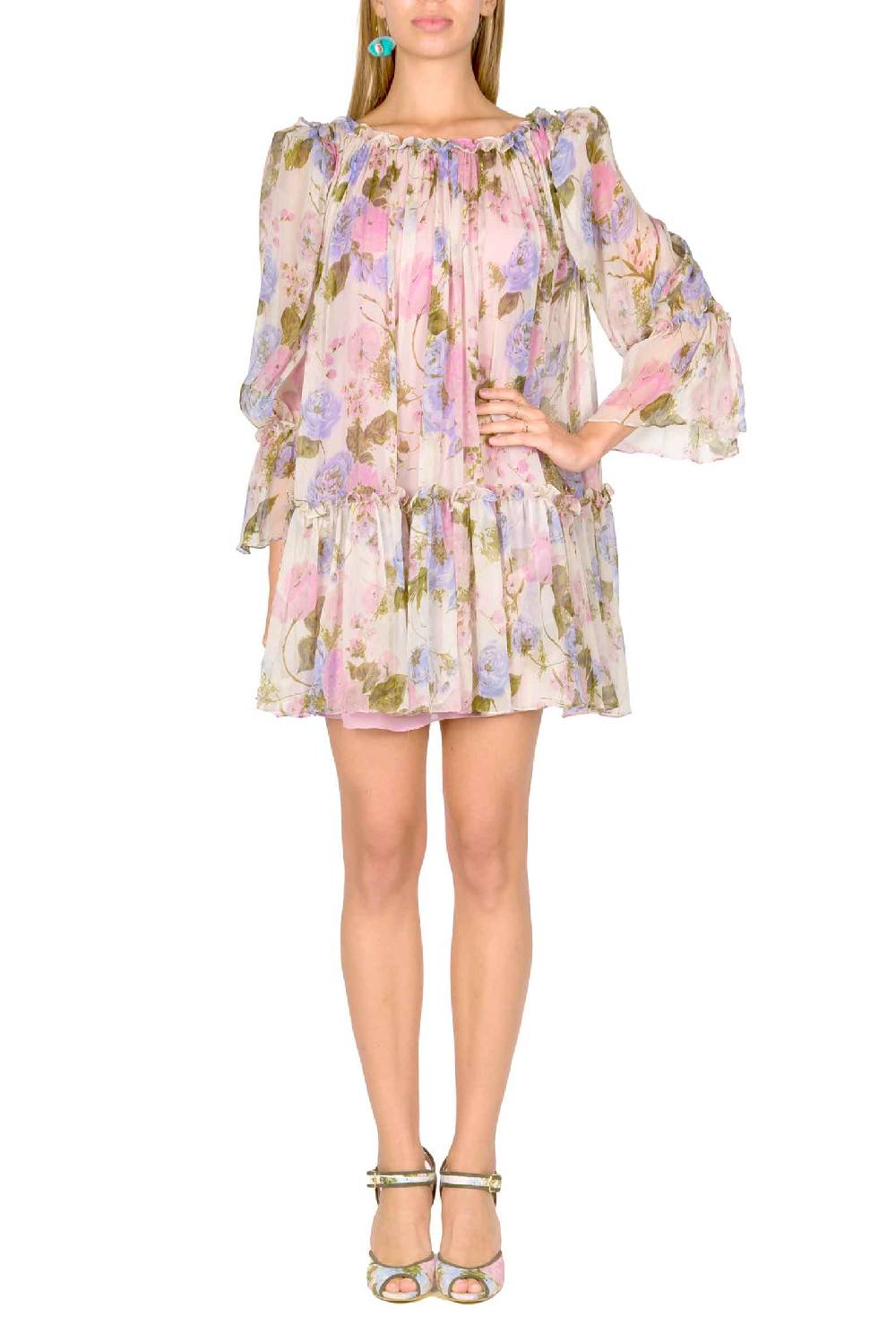 Luisa Beccaria Mini abito in chiffon stampato floreale con maniche a palloncino Vendita Economica