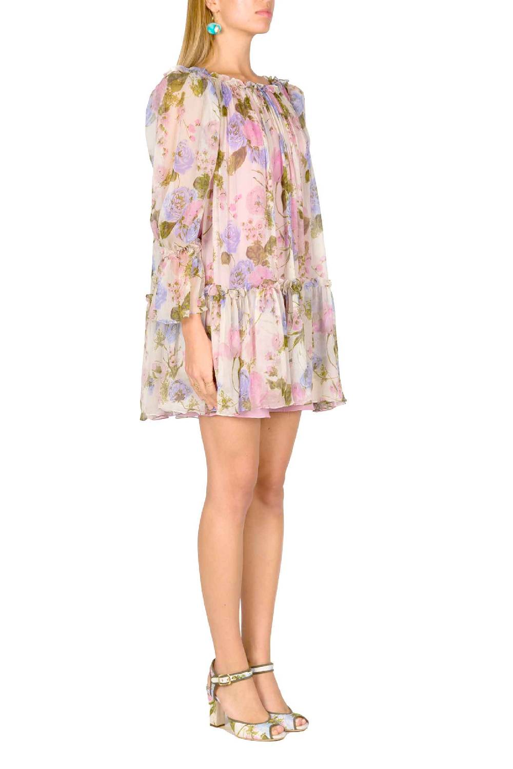 Luisa Beccaria Mini abito in chiffon stampato floreale con maniche a palloncino Vendita Economica