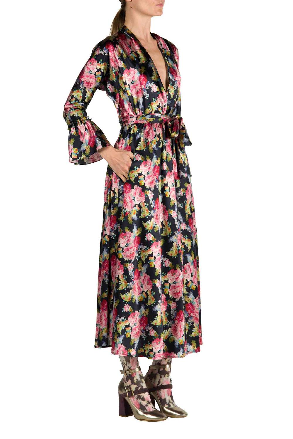 Luisa Beccaria Abito Luisa Wrap Satin Floreale Stampa Rose Qualità Garantita