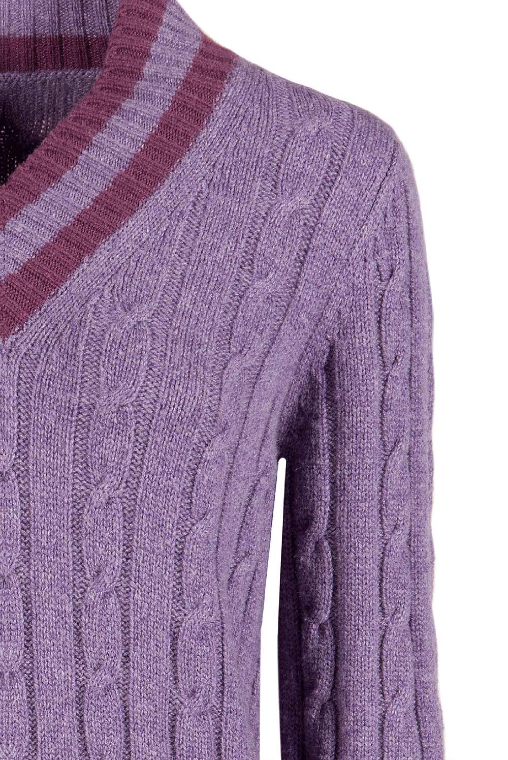 Luisa Beccaria Maglia viola in cashmere a trecce con scollo a V Shopping Online