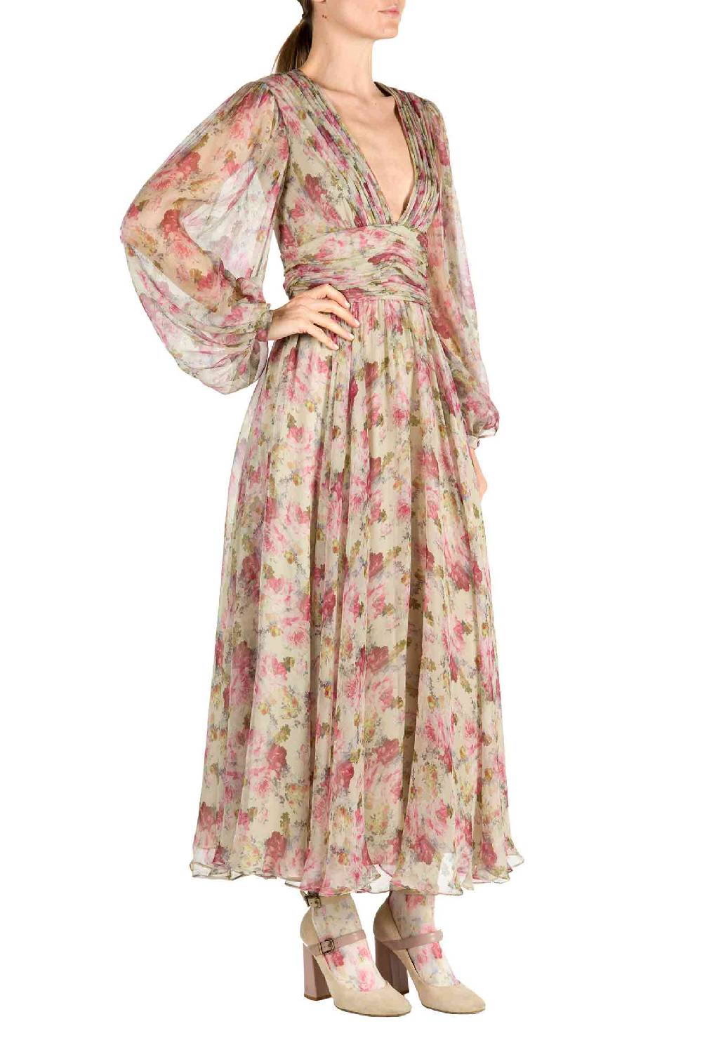 Luisa Beccaria Abito in chiffon con rose stampate Moda