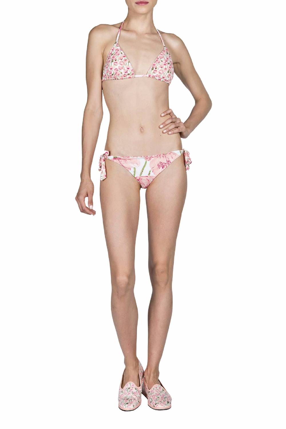 Luisa Beccaria Bikini Triangolo E Slip Rosa Papaveri Double Face Offerta