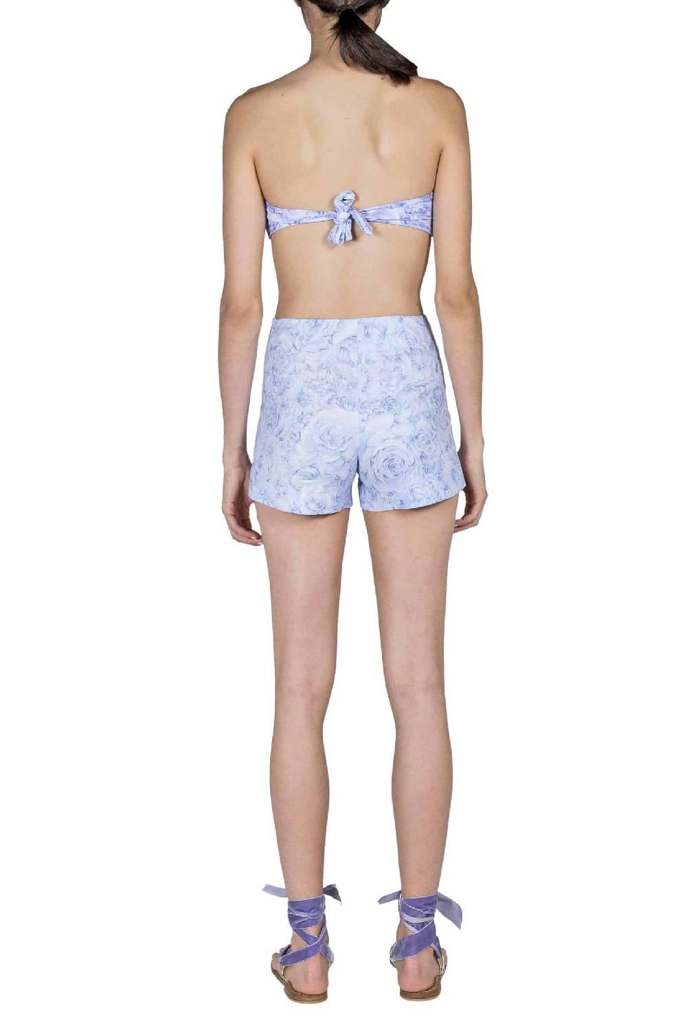 Luisa Beccaria Pantaloncini in lino con stampa rose lilla Vendita Economica