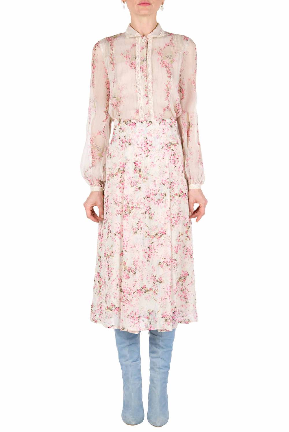 Luisa Beccaria Gonna in georgette con stampa boccioli di rosa In Vendita