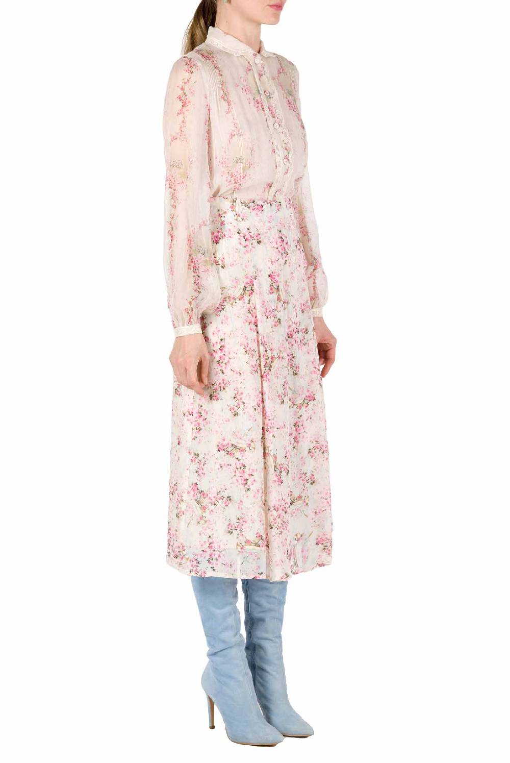 Luisa Beccaria Gonna in georgette con stampa boccioli di rosa In Vendita