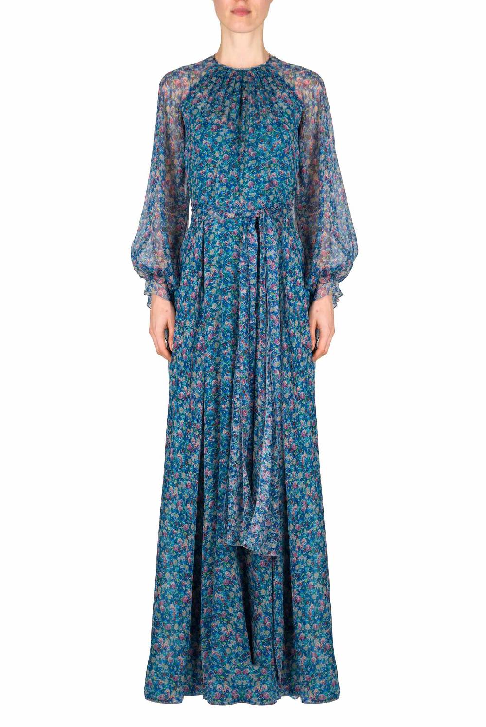 Luisa Beccaria Abito in chiffon plissettato con micro anemoni stampati Online Outlet