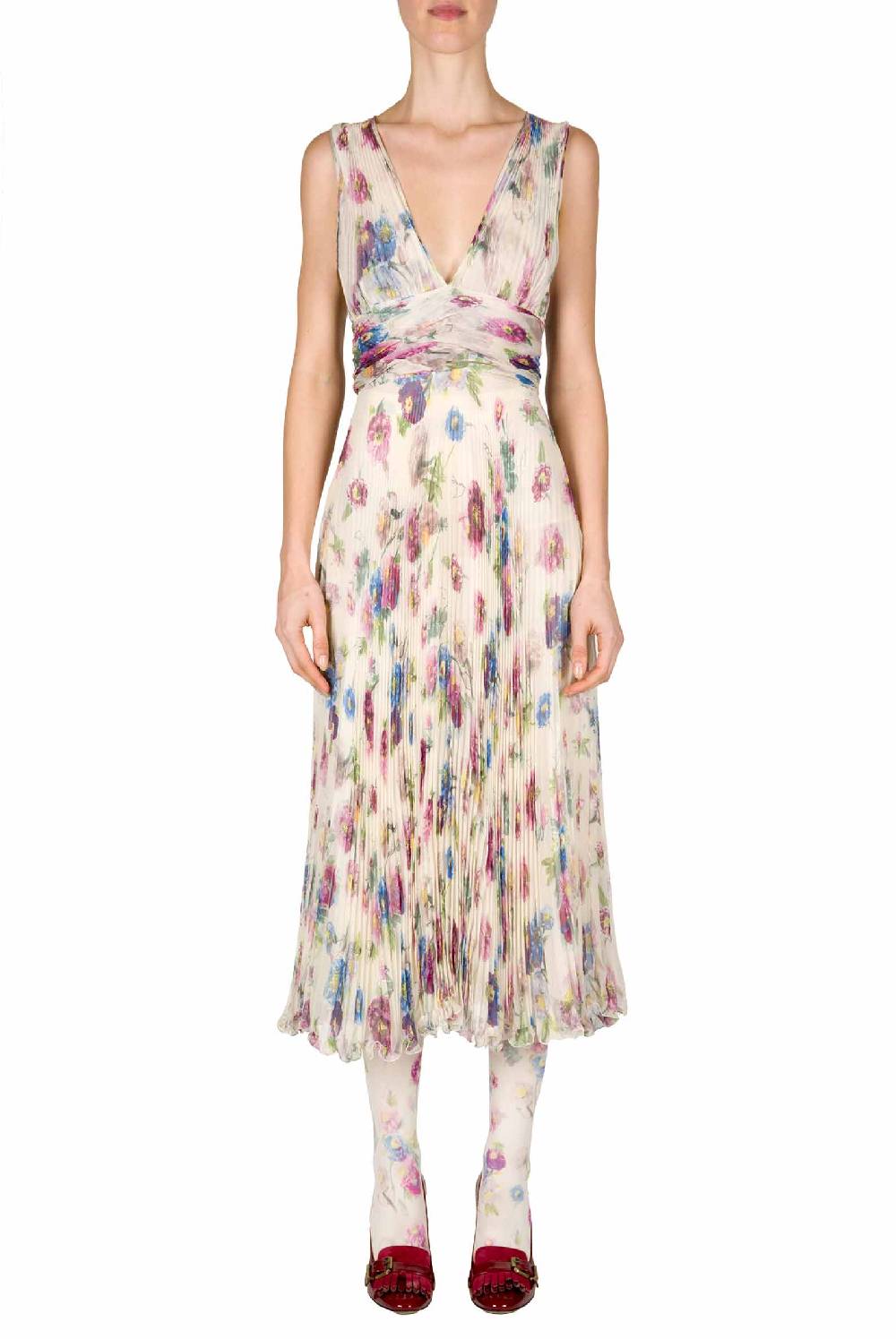 Luisa Beccaria Abito in chiffon stampato con macro anemoni a pieghe Bestseller
