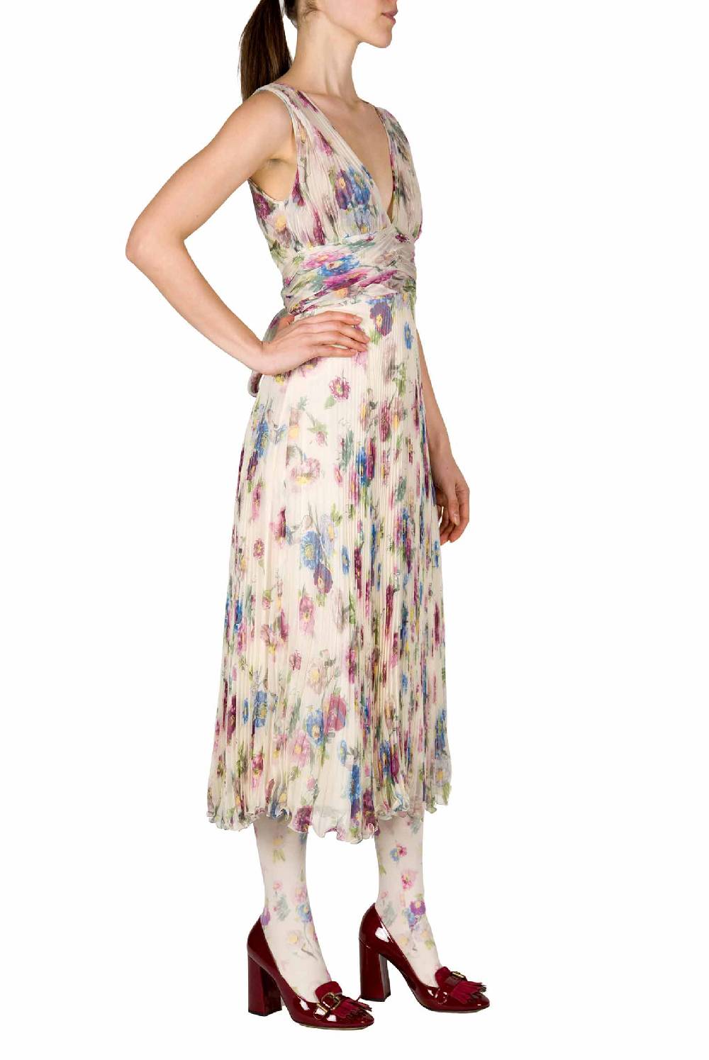 Luisa Beccaria Abito in chiffon stampato con macro anemoni a pieghe Bestseller