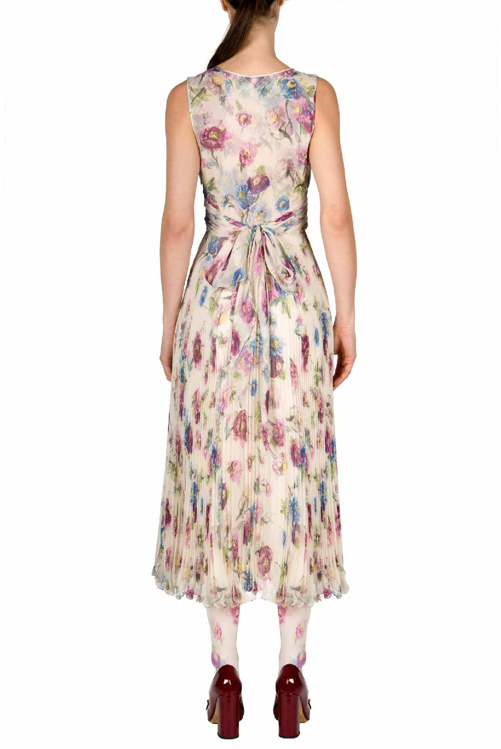 Luisa Beccaria Abito in chiffon stampato con macro anemoni a pieghe Bestseller