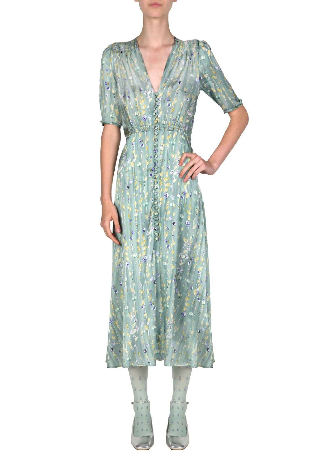 Luisa Beccaria Abito in seta bottoncino con ghirlanda di fiori Fino al 55% di sconto