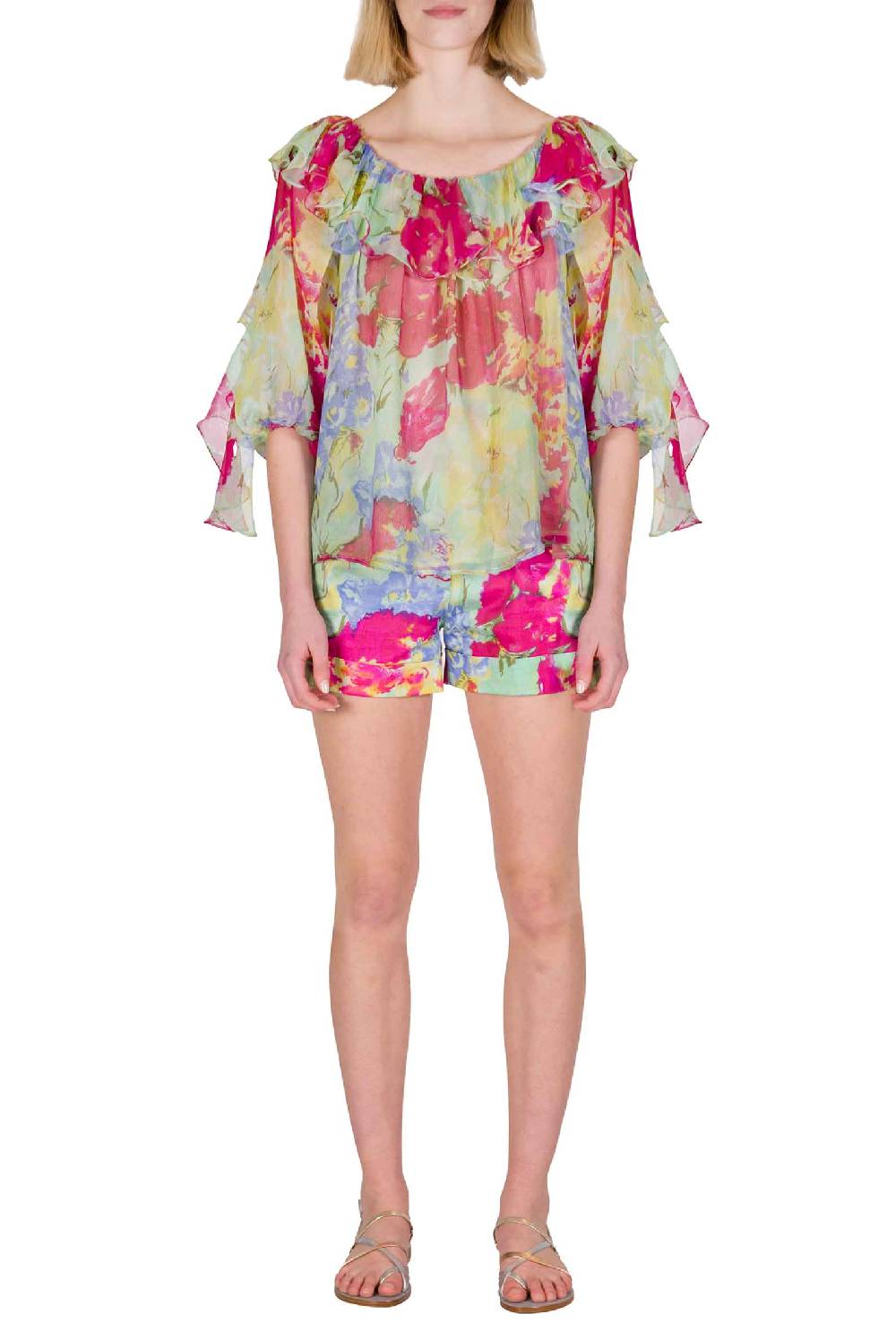 Luisa Beccaria Blusa Volant in Chiffon a Fiori Astratti Saldi Di Fabbrica