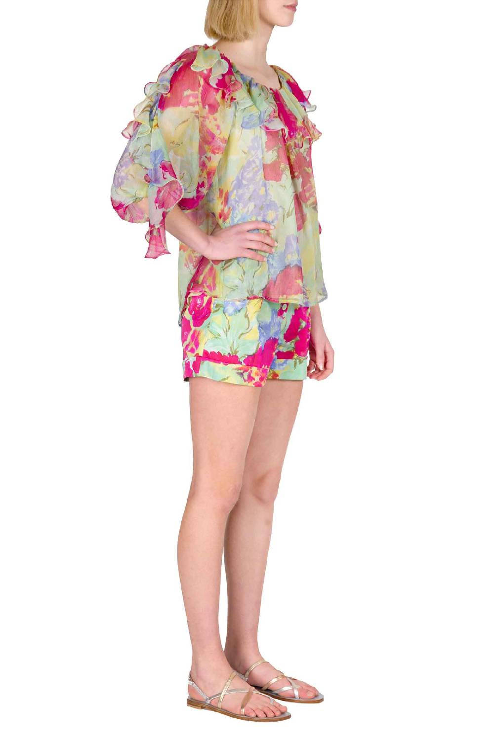 Luisa Beccaria Blusa Volant in Chiffon a Fiori Astratti Saldi Di Fabbrica