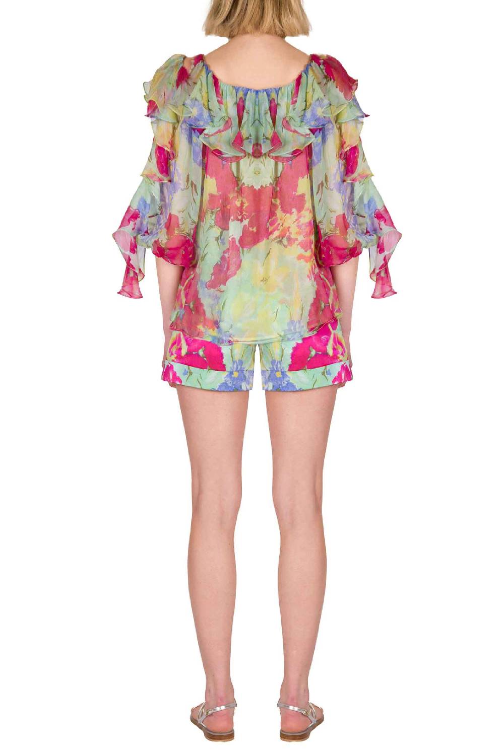 Luisa Beccaria Blusa Volant in Chiffon a Fiori Astratti Saldi Di Fabbrica
