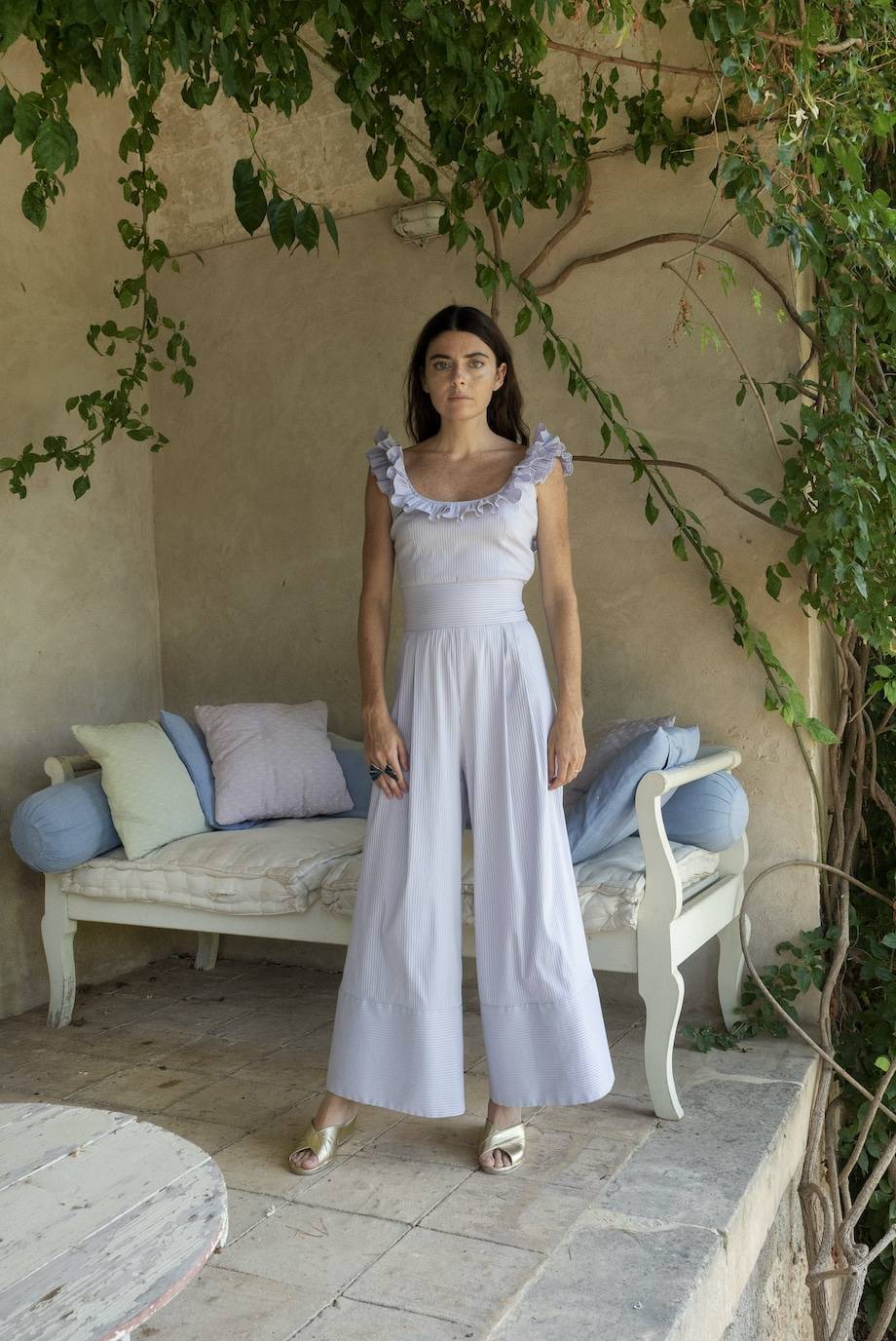 Luisa Beccaria Top in misto cotone a righe con volant lilla / bianco I Più Venduti