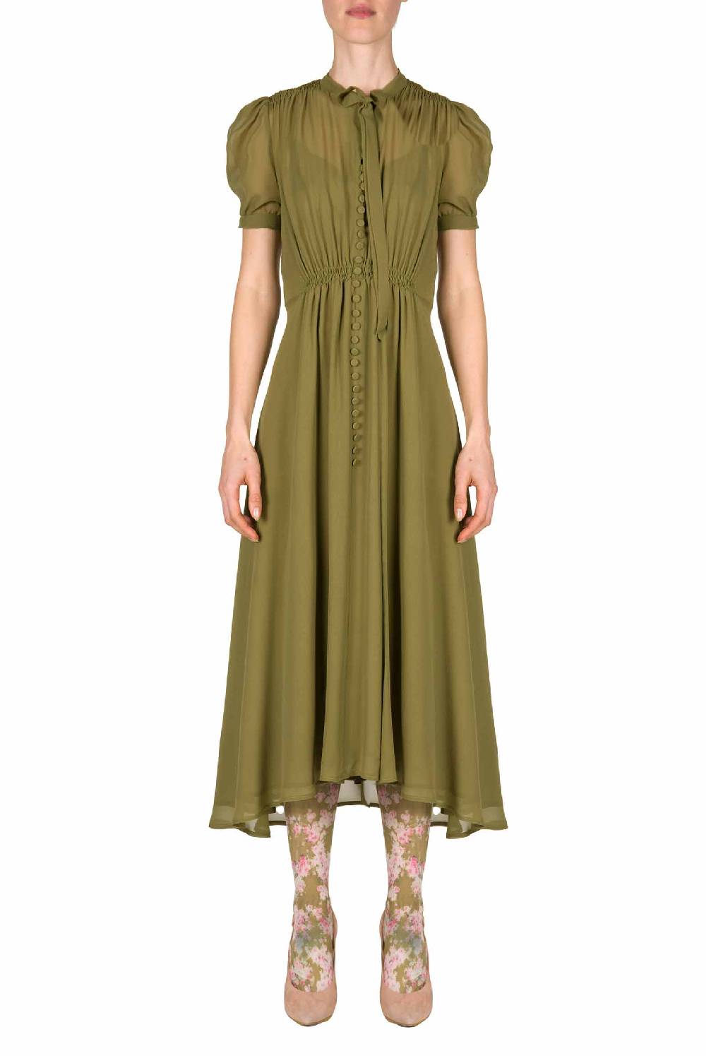 Luisa Beccaria Abito Bottoncino In Georgette Verde Sconto di tempo limitato
