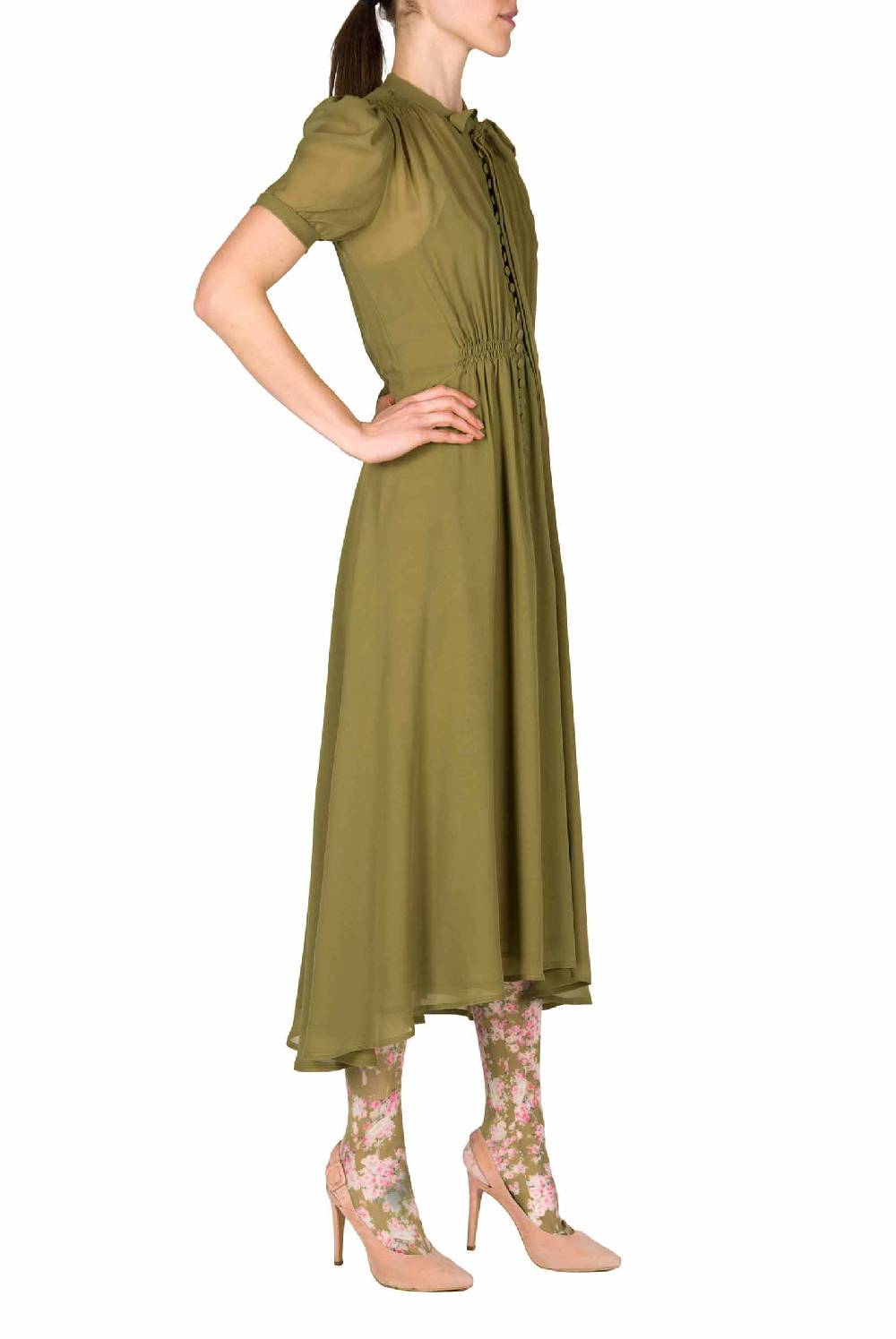 Luisa Beccaria Abito Bottoncino In Georgette Verde Sconto di tempo limitato